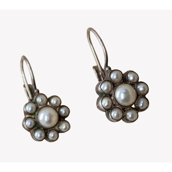 Vintage Monsoon MNSN 925 Sterling Silver & Pearl Flower Cluster Drop Earrings - Picture 2 of 6